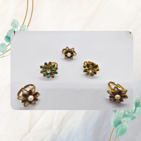 Vintage Floral Enamel Rings with Pearls and Gemstones - Set of 5 Adjustable Gold-Tone Rings